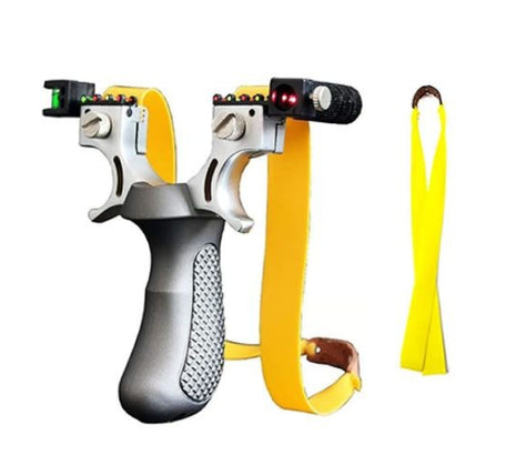 Hunting Slingshot – Alloy Frame + Red Laser + Level – Ergonomic Grip – 2 Bands