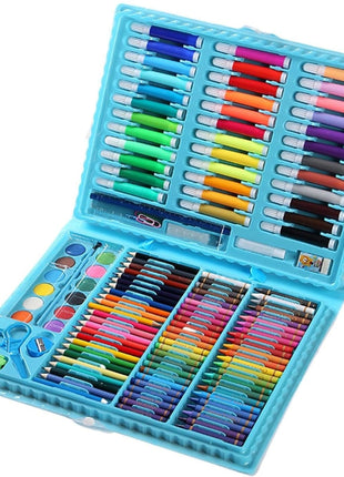 Portable 150-piece art kit with markers, crayons, pastels, paints, and tools in a durable ABS carry case. For ages 6+, available in blue or pink.