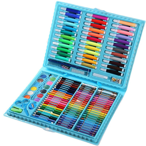 150-piece art kit with markers, crayons, pastels, paints, and tools in a durable ABS carry case. For ages 6+ Blue