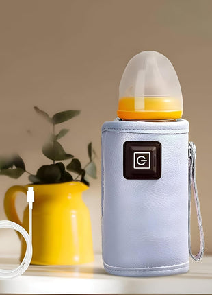 Portable Leather Infant Bottle Warming Case USB Powered with 3 Heat Settings, Velcro Closure, Fits Various Baby Bottles