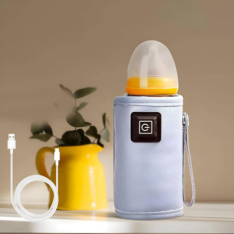 Portable Leather Infant Bottle Warming Case USB Powered with 3 Heat Settings, Velcro Closure, Fits Various Baby Bottles
