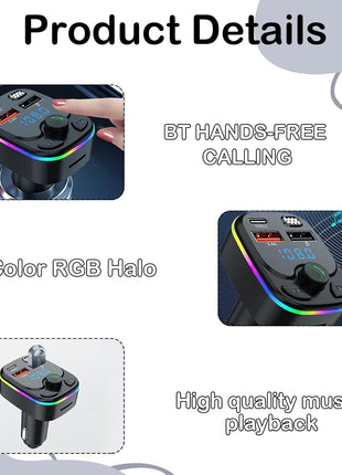 Car MP3 Player FM Transmitter with Bluetooth 5.0, USB-C PD 20W, Rainbow LED