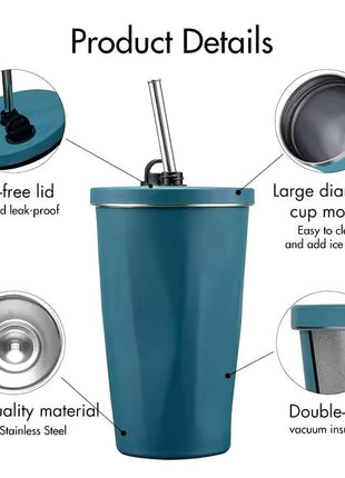 600ml Vacuum Insulated Stainless Steel Tumbler Cup with Lid & Reusable Straw- Blue