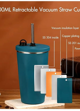 600ml Vacuum Insulated Stainless Steel Tumbler Cup with Lid & Reusable Straw- Blue