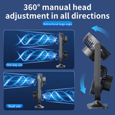 Dual-Head Desktop Fan 360° Adjustable – USB-C Rechargeable with 5 Speeds, Quiet Turbo Cooling, LED Night Light – Black