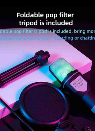 USB Condenser Microphone – 5V Plug & Play – Omnidirectional – Carbon Steel Gooseneck – RGB Lighting – Black