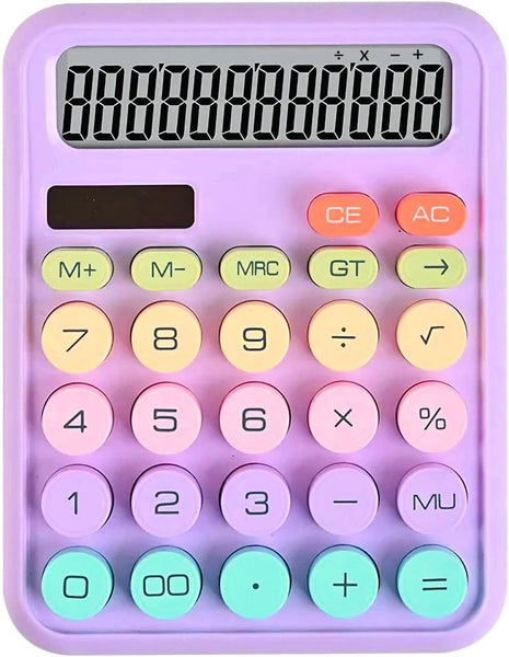 12-Digit Solar Calculator – Pastel Dopamine Design – Large Buttons – Classroom & Office Use Purple
