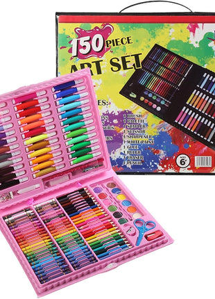 Portable 150-piece art kit with markers, crayons, pastels, paints, and tools in a durable ABS carry case. For ages 6+, available in blue or pink.