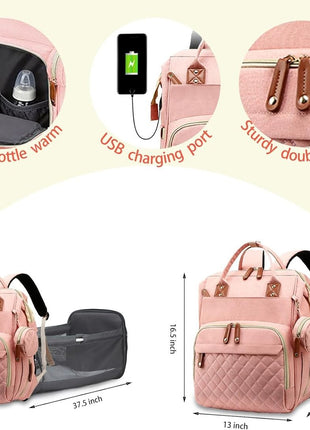 Diaper Bag Backpack 16.5" – Waterproof Oxford Baby Bag with Changing Station, USB Port, 18 Pockets
