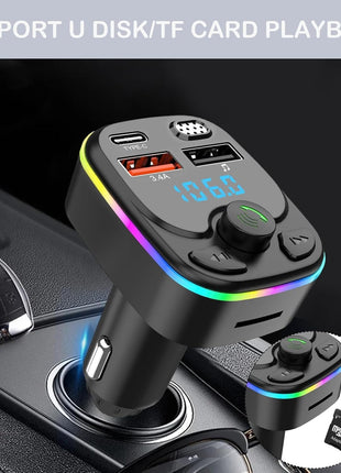 Car MP3 Player FM Transmitter with Bluetooth 5.0, USB-C PD 20W, Rainbow LED