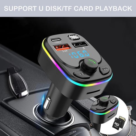 Car MP3 Player FM Transmitter with Bluetooth 5.0, USB-C PD 20W, Rainbow LED