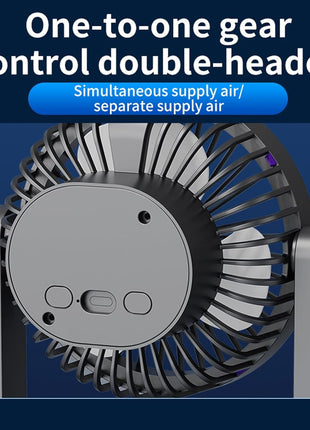 Dual-Head Desktop Fan 360° Adjustable – USB-C Rechargeable with 5 Speeds, Quiet Turbo Cooling, LED Night Light – Black