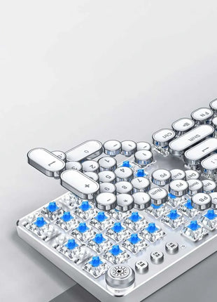 Mechanical Keyboard 87-Key – RGB Backlit Aluminum Keycaps – Blue Switch – Volume Knob – USB Wired – Steampunk Style – Silver