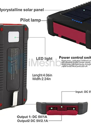 Solar Power Bank 10000mAh – Dual USB Output + LED Flashlight – Waterproof Outdoor Charger Red