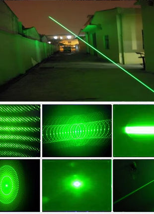 Green Laser Pointer 500mW Adjustable Focus – Long-Range Class B with Glasses, Beam Caps & Case – Silver Aluminum
