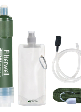 Filterwell Portable Water Filter Straw 4000L – 0.01 Micron Carbon Filtration + BPA-Free Water Bag – Green