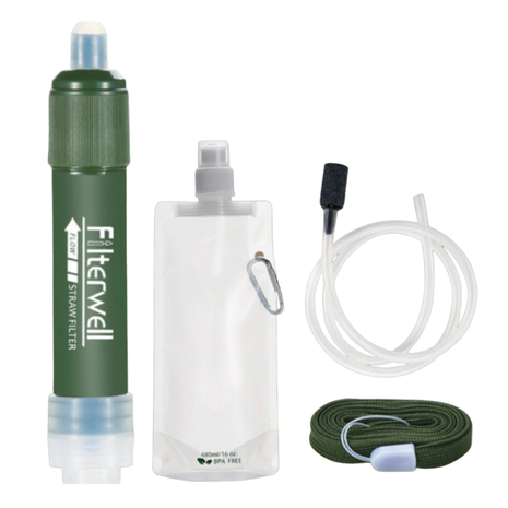 Filterwell Portable Water Filter Straw 4000L – 0.01 Micron Carbon Filtration + BPA-Free Water Bag – Green