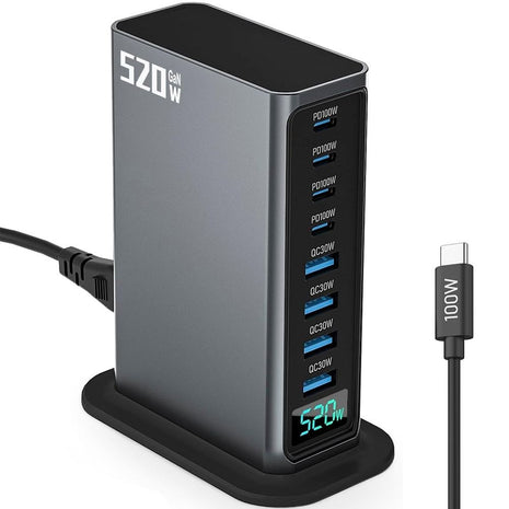 8-Port USB Charging Station 520W – GaN Fast Charger with 4 USB-C PD 100W & 4 USB-A QC 30W – Silver