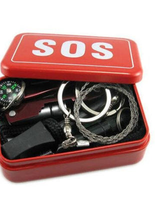 Emergency Survival Kit 7-Piece Compact Metal Box – Multi-Tool Card, Fire Starter, Compass, Whistle – Red SOS Tin