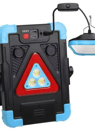 Solar LED Warning Triangle Lamp with Power Bank, Flashlight, Hanging Work Light, Alarm Horn, USB-C Charging and Foldable Stand