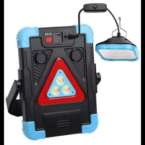 Solar LED Warning Triangle Lamp with Power Bank, Flashlight, Hanging Work Light, Alarm Horn, USB-C Charging and Foldable Stand