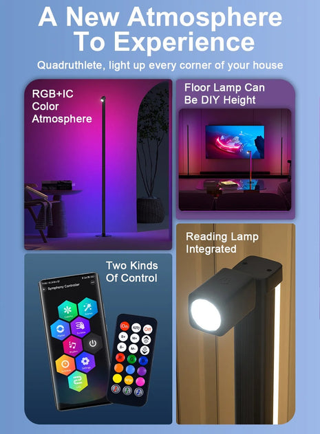 RGBIC Floor Lamp 1425mm with Reading Light – Stepless Dimming – App & Remote – DIY Height – 270° Beam – Black