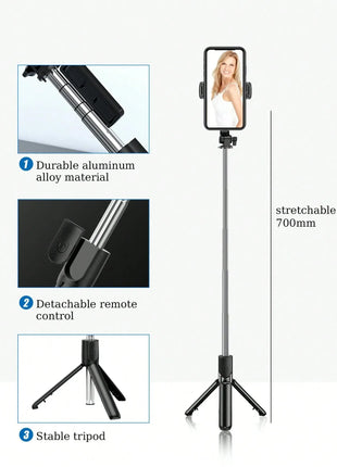 Selfie Stick Tripod 71cm Stainless Steel – Wireless Bluetooth Remote + LED Fill Light