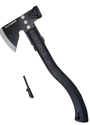 OUTGEAR Survival Axe 375mm – 3Cr13 Steel Hatchet with Hammer, Firestarter, Whistle & Sheath – Black