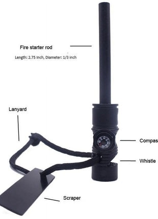 4-in-1 Survival Fire Starter Tool – Magnesium Flint Rod + Compass, Whistle, Saw – Red or Black (Copy)