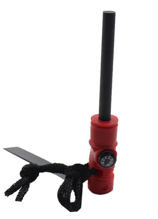 4-in-1 Survival Fire Starter Tool – Magnesium Flint Rod + Compass, Whistle, Saw – Red or Black