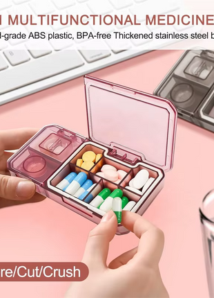 3-in-1 Pill Organizer 121×69×18mm ABS Plastic – Travel Medicine Storage with Cutter & Grinder