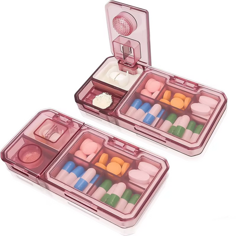 3-in-1 Pill Organizer 121×69×18mm ABS Plastic – Travel Medicine Storage with Cutter & Grinder Pink