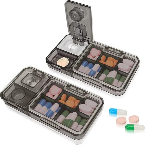 3-in-1 Pill Organizer 121×69×18mm ABS Plastic – Travel Medicine Storage with Cutter & Grinder