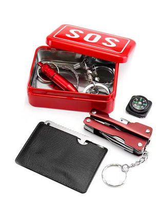 Emergency Survival Kit 7-Piece Compact Metal Box – Multi-Tool Card, Fire Starter, Compass, Whistle – Red SOS Tin
