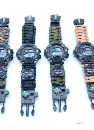 Multifunction Outdoor Survival Watch – Compass, Fire Starter, Whistle, Thermometer & Paracord for Camping and Emergency