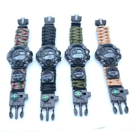 Multifunction Outdoor Survival Watch – Compass, Fire Starter, Whistle, Thermometer & Paracord for Camping and Emergency