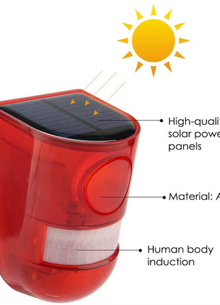 Solar Alarm Light with PIR Sensor – 129dB Siren + Red Flashing LED – IP65 Water resistant – Wall Mounted