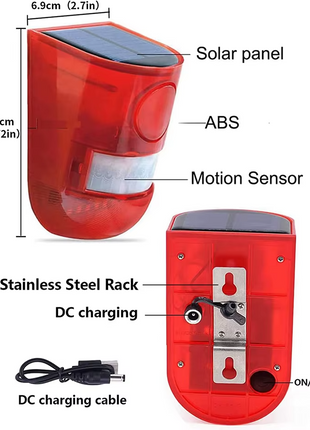 Solar Alarm Light with PIR Sensor – 129dB Siren + Red Flashing LED – IP65 Water resistant – Wall Mounted