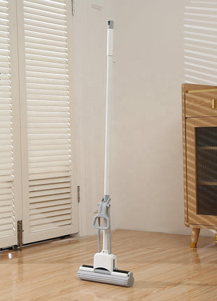 Flat Sponge Mop 38cm PVA Head with Built-In Squeezer – Long Handle Floor Mop for Tile & Wood – Grey & White