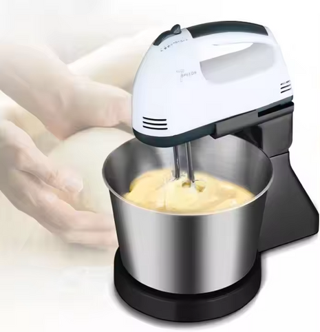 Electric Stand Mixer 2.0L 270W with Stainless Steel Bowl, 7-Speed Settings, Beaters & Dough Hooks – Black & White