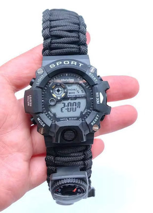 Multifunction Outdoor Survival Watch – Compass, Fire Starter, Whistle, Thermometer & Paracord for Camping and Emergency