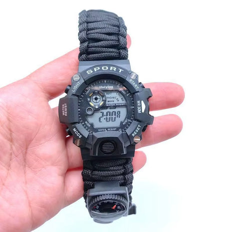 Multifunction Outdoor Survival Watch – Compass, Fire Starter, Whistle, Thermometer & Paracord for Camping and Emergency
