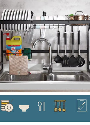 Aluminium Dish Drying Rack 86cm Multi-Layer Over Sink Organizer Black Kitchen Countertop