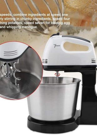 Electric Stand Mixer 2.0L 270W ABS Housing with Stainless Steel Bowl, 7-Speed Settings, Beaters & Dough Hooks