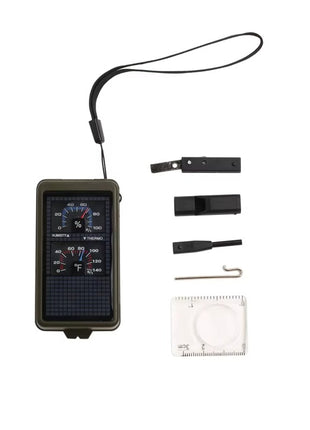 10-in-1 Survival Compass Tool with Thermometer, LED Light, Whistle & Fire Starter – Dark Green