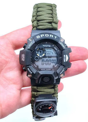 Multifunction Outdoor Survival Watch – Compass, Fire Starter, Whistle, Thermometer & Paracord for Camping and Emergency