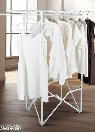 Folding Floor‑Ceiling Double‑Pole Drying Rack – 2 Rods – Carbon Steel & Engineering Plastic – White