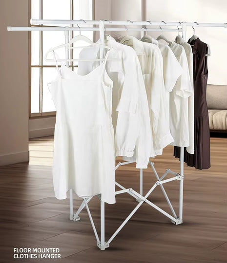 Folding Floor‑Ceiling Double‑Pole Drying Rack – 2 Rods – Carbon Steel & Engineering Plastic – White