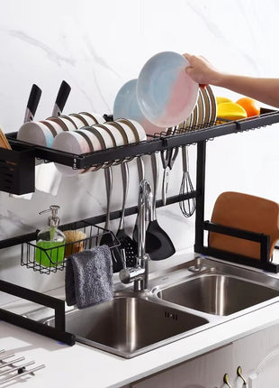 Aluminium Dish Drying Rack 86cm Multi-Layer Over Sink Organizer Black Kitchen Countertop