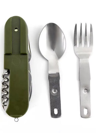 Camping Multi-Tool Cutlery Set 8-in-1 – Stainless Steel Folding Knife Spoon Fork Opener – Green